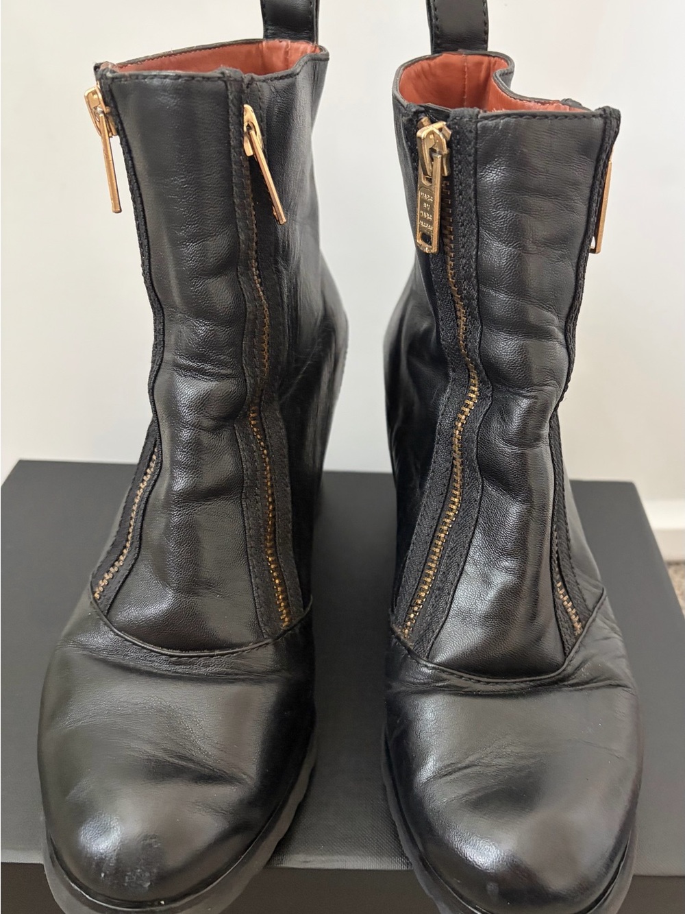 Marc by Marc Jacobs Black Leather Ankle Booties with Gold Zippers and Pull Tabs